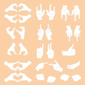 Various human hand gestures isolated on a pink background. Vector flat Stock Illustration