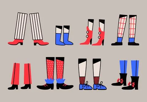 Various human legs, different pants and shoes in flat style. Stock Illustration