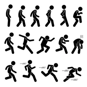 Various Human Man People Walking Running Runner Poses Postures Ways Stick Figure Stock Illustration