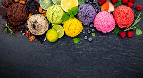 Various of ice cream flavor ball blueberry ,lime ,pistachio ,almond ,orange , Stock Photos