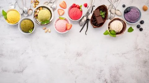 Various of ice cream  flavours in bowl blueberry ,green tea ,coconut ,strawbe Stock Photos