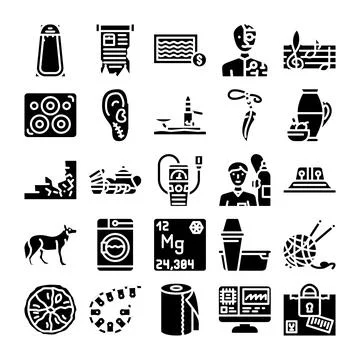 Various icons collection displaying technology, science, and everyday objects Stock Illustration