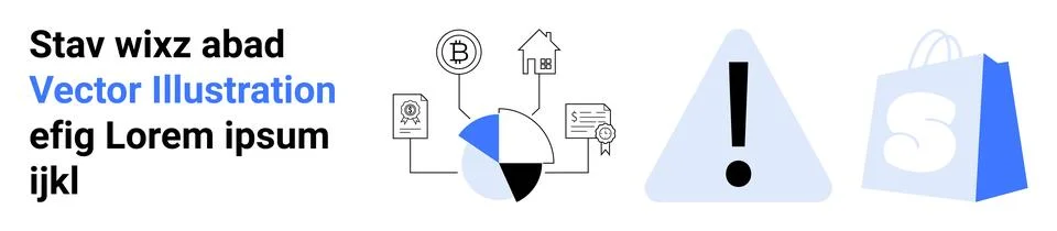 Various icons including data analytics chart, warning symbol, and shopping ba 스톡 일러스트