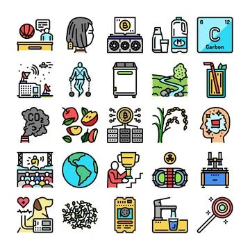 Various icons symbolizing modern technology science and nature Stock Illustration
