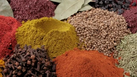 Various Indian spices on a store counter Stock-Footage 130498083