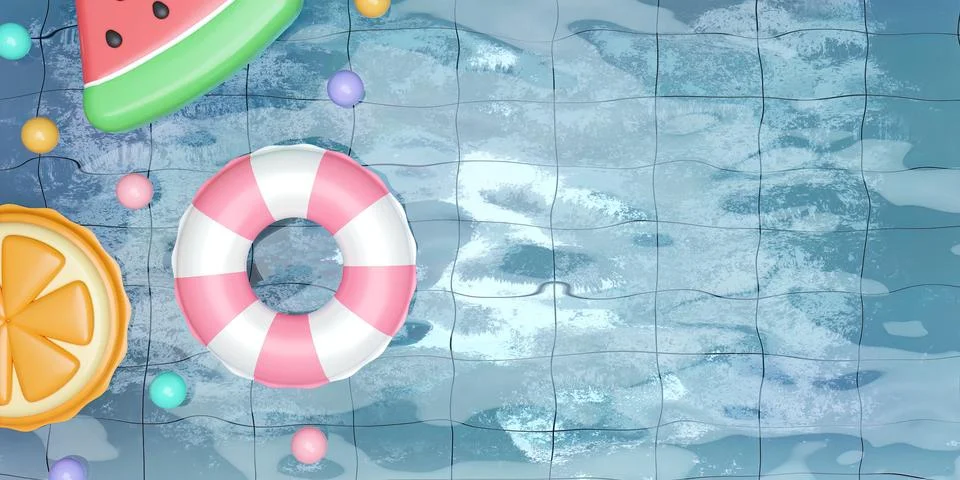 Various Inflatable floating in the pool. summer vacation concept. Creative Stock Illustration