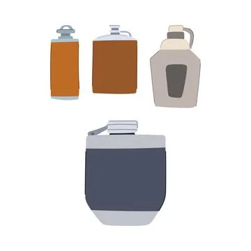 Various insulated flasks holding beverages for outdoor activities Stock Illustration