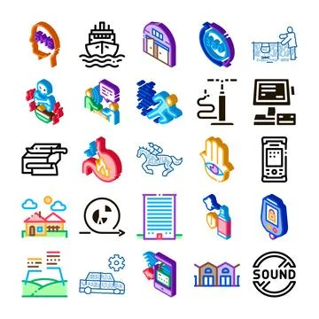 Various isometric icons depicting different business and technology concepts Stock Illustration