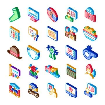 Various isometric icons representing different concepts on white background イラスト素材