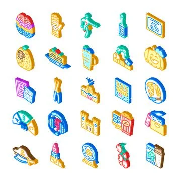 Various isometric icons representing diverse concepts and objects Stock Illustration