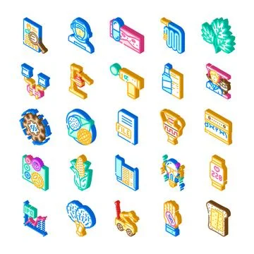 Various isometric icons representing science, tech, medicine, and food Illustrazione stock