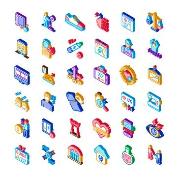 Various isometric icons representing technology health and business concepts イラスト素材