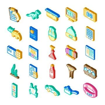 Various isometric icons representing technology daily objects and business 스톡 일러스트