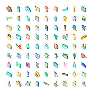 Various isometric icons visualizing technology, food, and lifestyle Stock Illustration