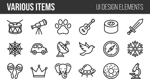 Various Items UI Design Elements Outline Icons Set. Stock Illustration