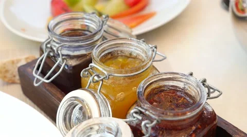 Various jars of fruit jam Stock Footage 68702417