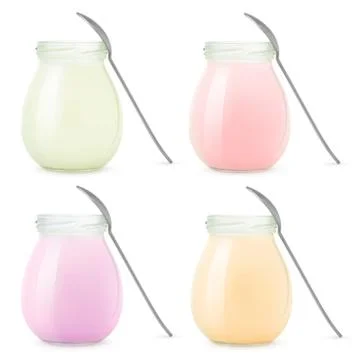Various jars of fruit yogurt Stock Photos