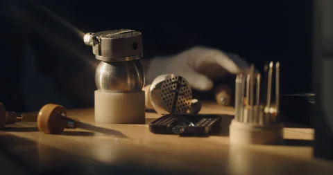 Various jeweler tools on the table with jewelers hand in a white glove Stock Footage 130967553