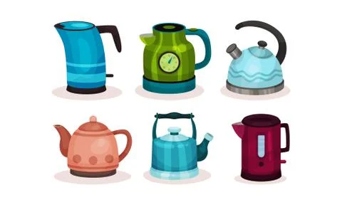 Various Kettles Vector Illustrated Set. Kitchenware Collection 스톡 일러스트