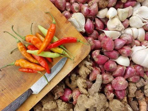 Various kinds of basic spices for Indonesian or Asian cuisine Stock Photos