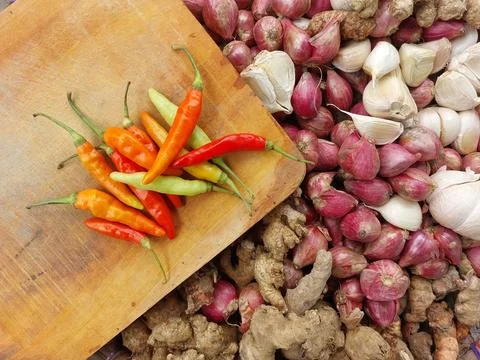 Various kinds of basic spices for Indonesian or Asian cuisine Stock Photos