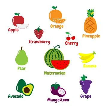 Various kinds of fruit on a white background. Suitable for children's product Stock-Illustration