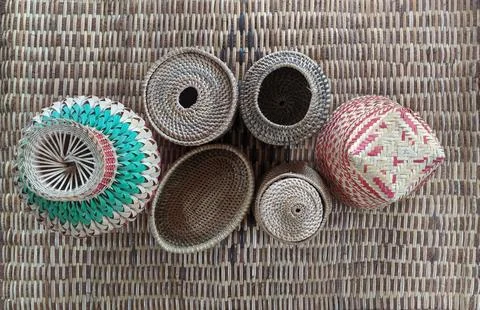 Various kinds of handicrafts from rattan as basic materials 스톡 사진