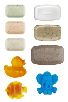 Various kinds of solid soap for hygiene and cleanliness, kids soap, funny and Stock Photos