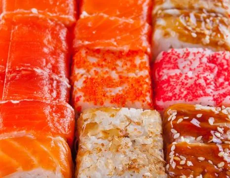 Various kinds of sushi background texture pattern Stock Photos