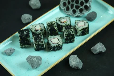 Various kinds of sushi served, close-up view Stockfoto's