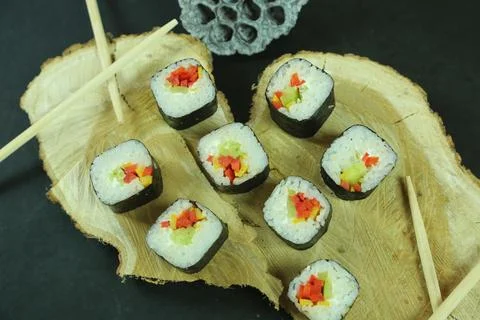 Various kinds of sushi served, close-up view 写真素材