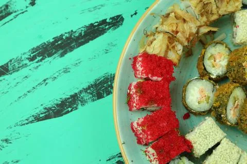 Various kinds of sushi served, close-up view Stockfoto's