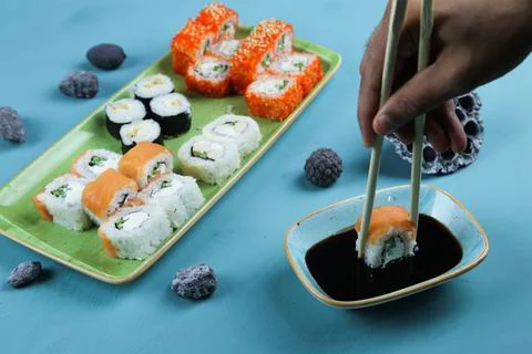 Various kinds of sushi served, close-up view Stockfoto's