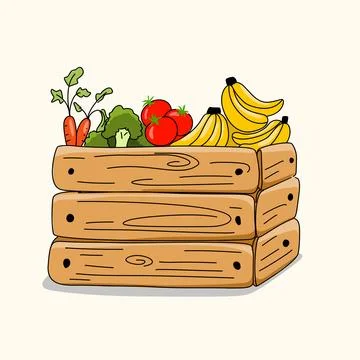 Various kinds of vegetables and fruit in wooden crates. raw healthy food ingredi Stock Illustration