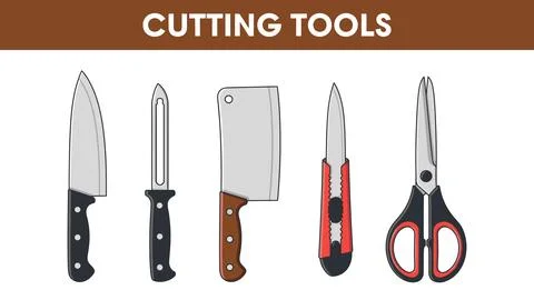 Various kitchen and workshop cutting tools arranged neatly bundle design Stock Illustration