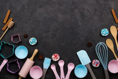 Various kitchen baking utensils. Flat lay. Top view, mockup for recipe Stock Photos