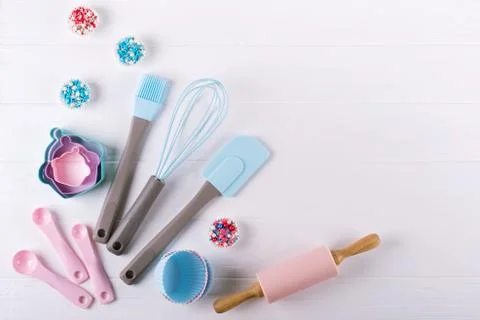 Various kitchen baking utensils. Flat lay. Top view, mockup for recipe Stock Photos