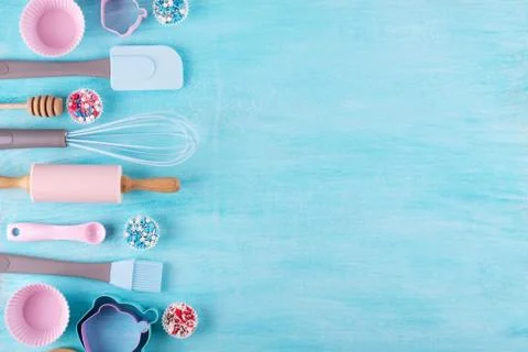 Various kitchen baking utensils. Flat lay. Top view, mockup for recipe Stock Photos