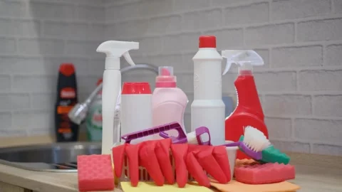 Various kitchen cleaning products in plastic bottles Video stock 301648723