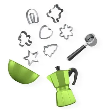 Various kitchen tools and cookie cutters isolated on white background, show.. Illustration