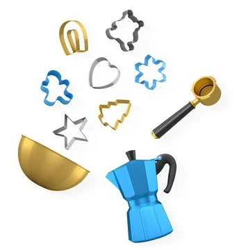 Various kitchen tools and cookie cutters isolated on white background, showca Stock Illustration