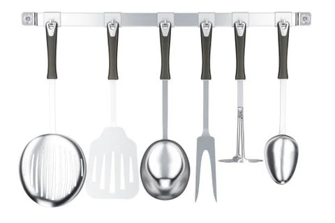 Various kitchen utensils on a kitchen hook strip, 3D rendering Stock Illustration