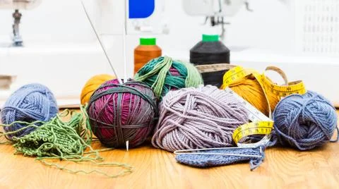 Various knitting tools and sewing machines needlework still life - various... Stock Photos