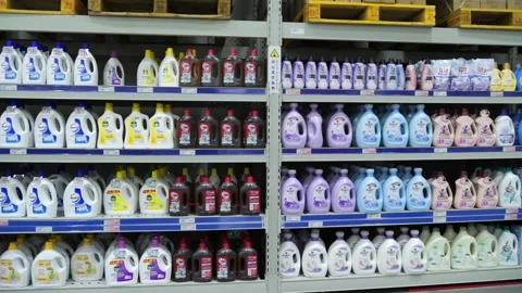 Various laundry and fabric softeners in a supermarket. Stock-Footage 279319637