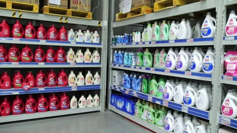 Various laundry and fabric softeners in a supermarket. Stock-Footage 279319720