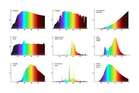 Various light sources intensity spectrum Stock Illustration