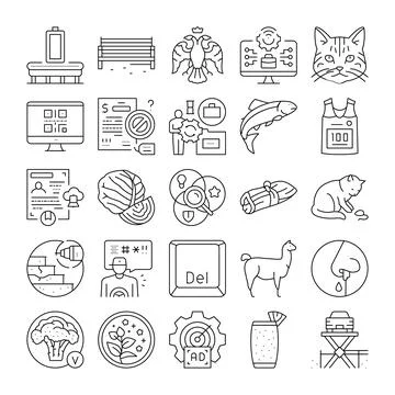 Various line icons representing abstract concepts and objects Stock Illustration