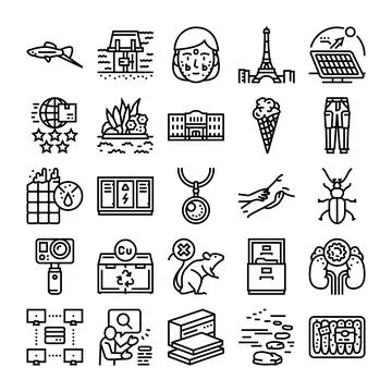 Various line icons representing science nature technology and design Stock Illustration