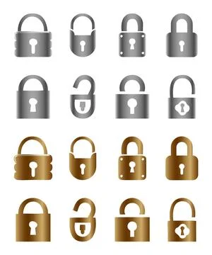Various locks vector icon set in chrome and gold color Stock Illustration