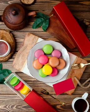 Various macarones on the table top view Stock Photos
